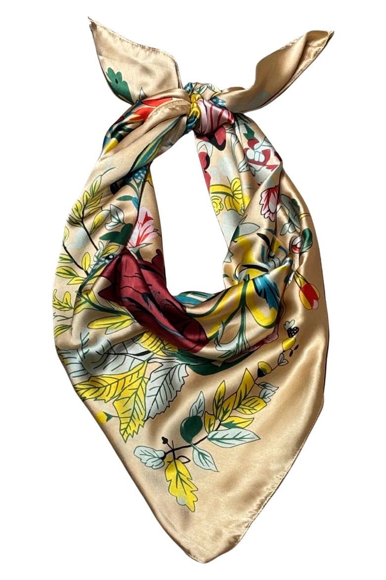 Floral Satin Square Scarf, Alternate, color, TAN