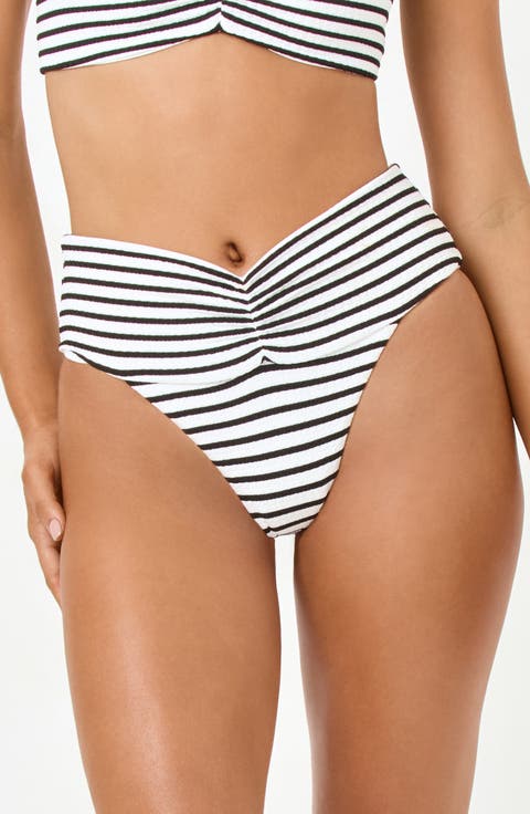 Bardot Ruched Jacquard High Waist Bikini Bottoms