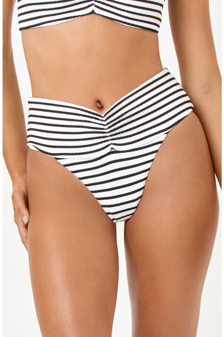 Bardot Ruched Jacquard High Waist Bikini Bottoms video