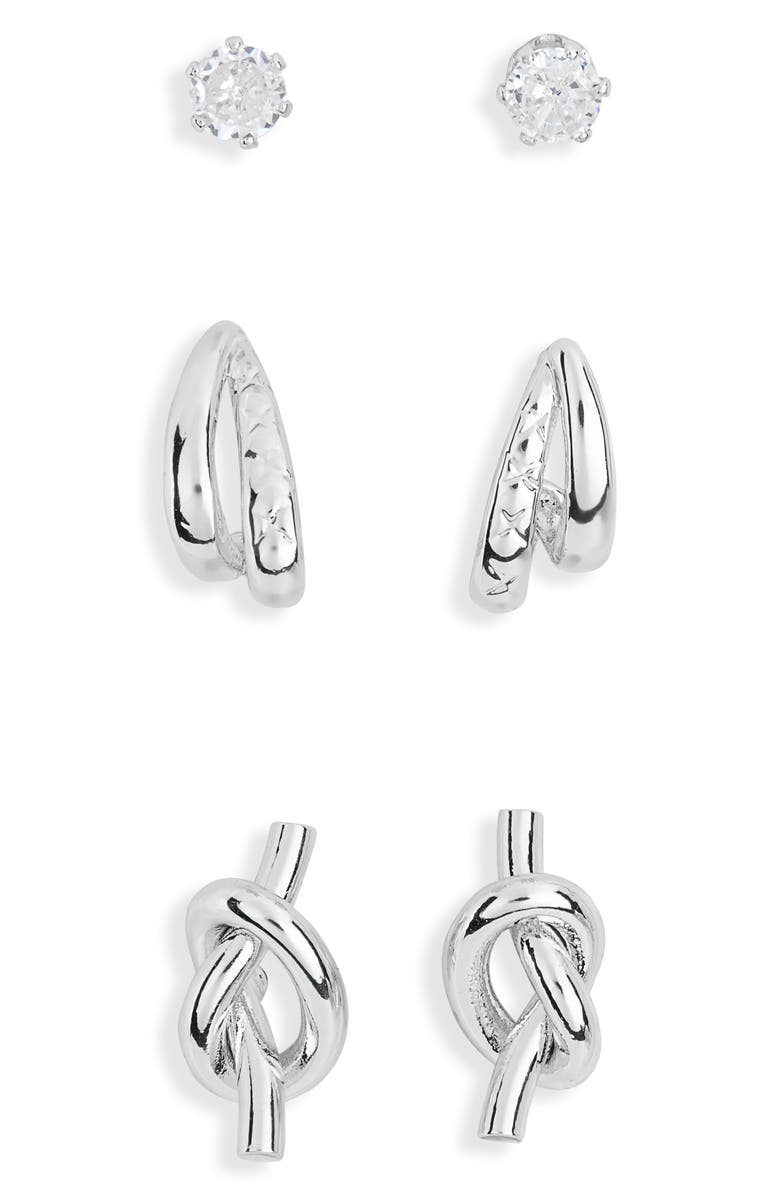 NORDSTROM RACK 3-Pack Knot Stud & Hoop Earrings, Main, color, Clear- Silver