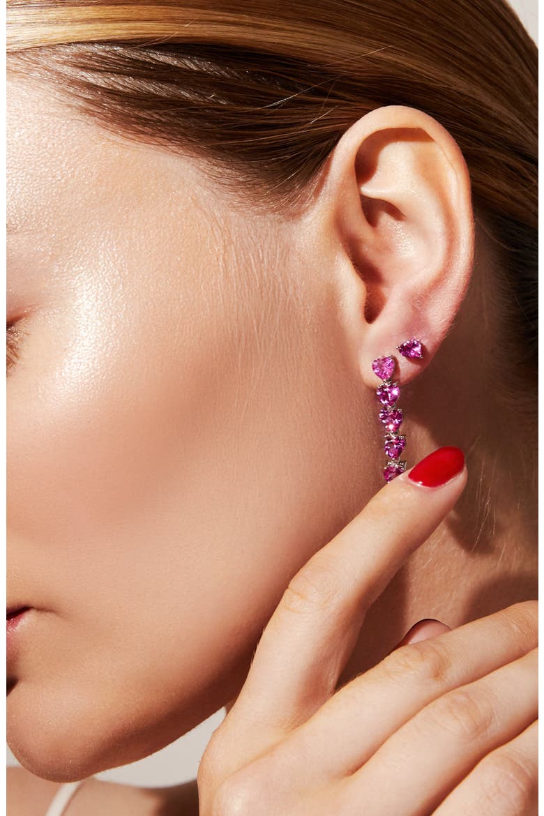 Lab Grown Pink Sapphire Heart Tennis Earrings, Alternate, color, Pink Sapphire