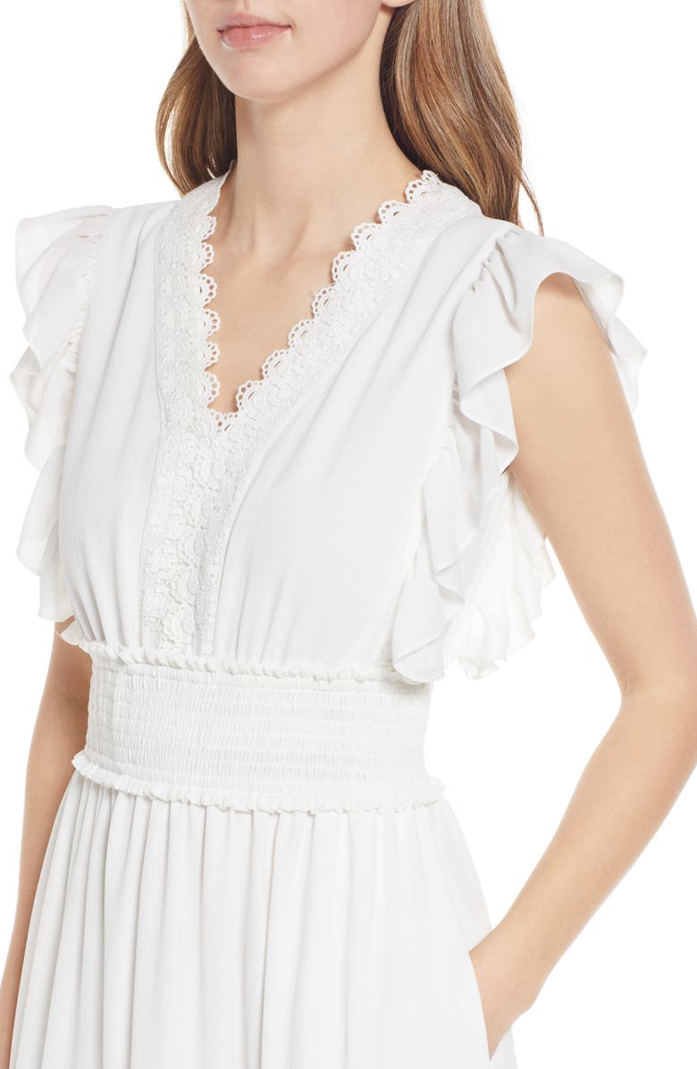 Tahari ASL Ruffle & Lace Tiered Midi Dress, Alternate, color,