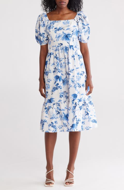 Square Neck Puff Sleeve Cotton Midi Dress