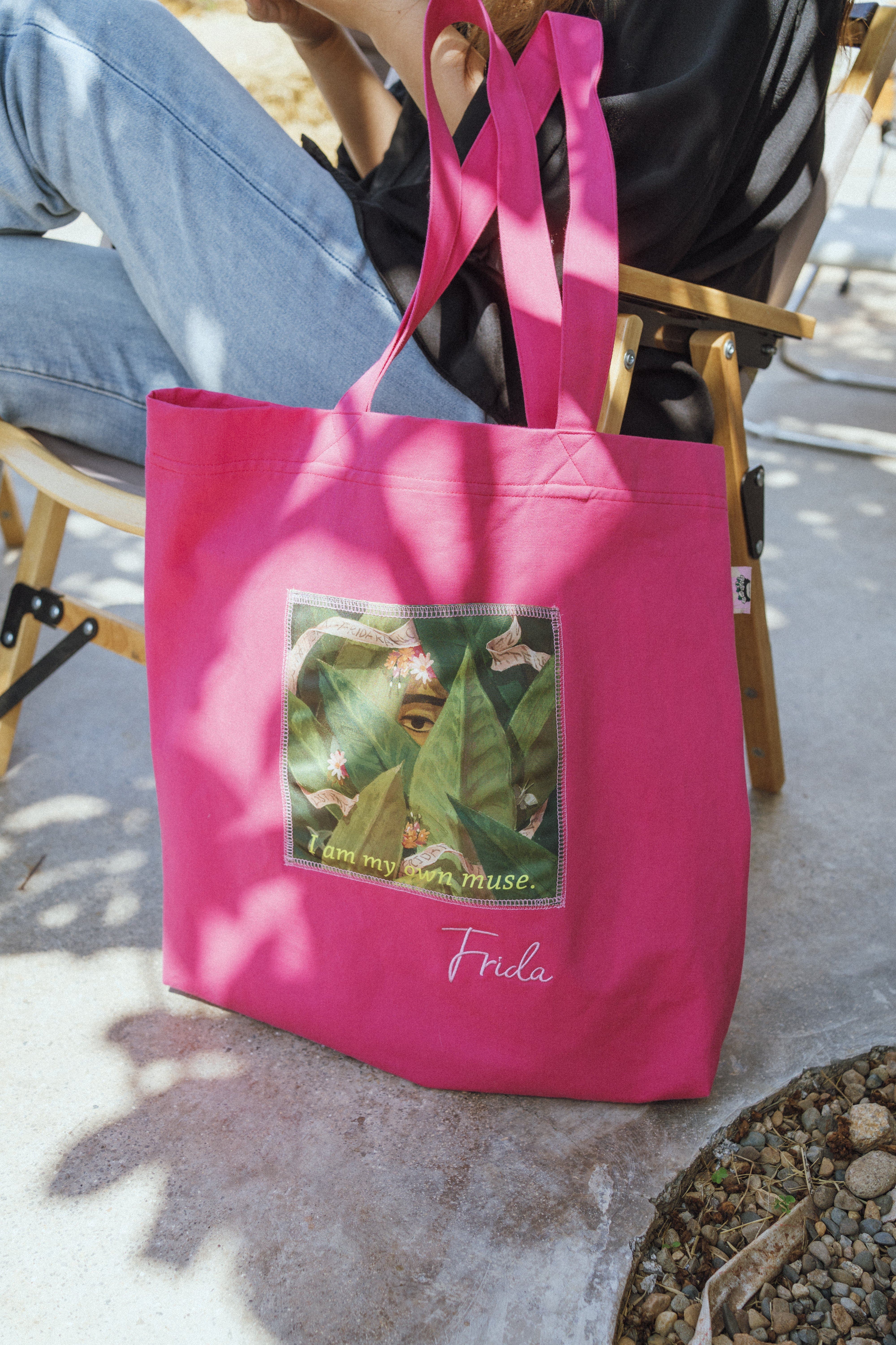 Lost Pattern "I Am My Own Muse by Frida" Cotton Tote Bag, Alternate, color, Viva Magenta