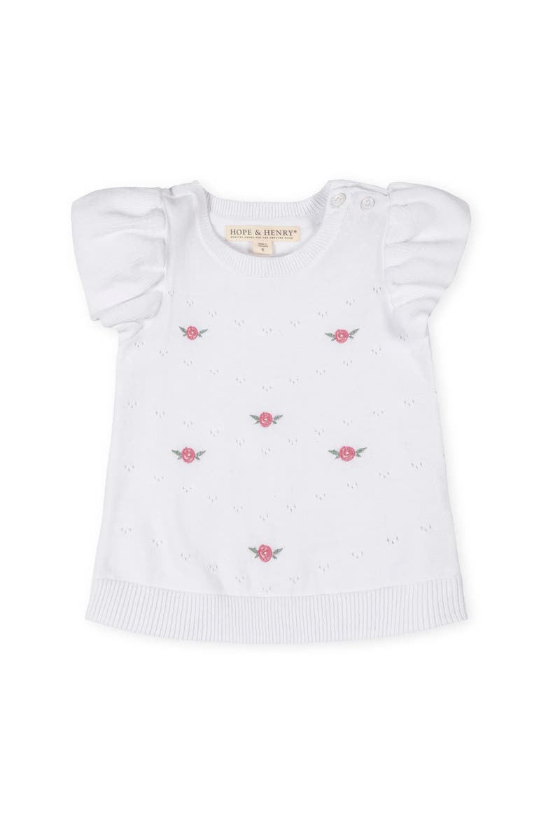 Hope & Henry Kids' Organic Ruffle Sleeve Pointelle Sweater, Main, color, White Pointelle And Embroidery