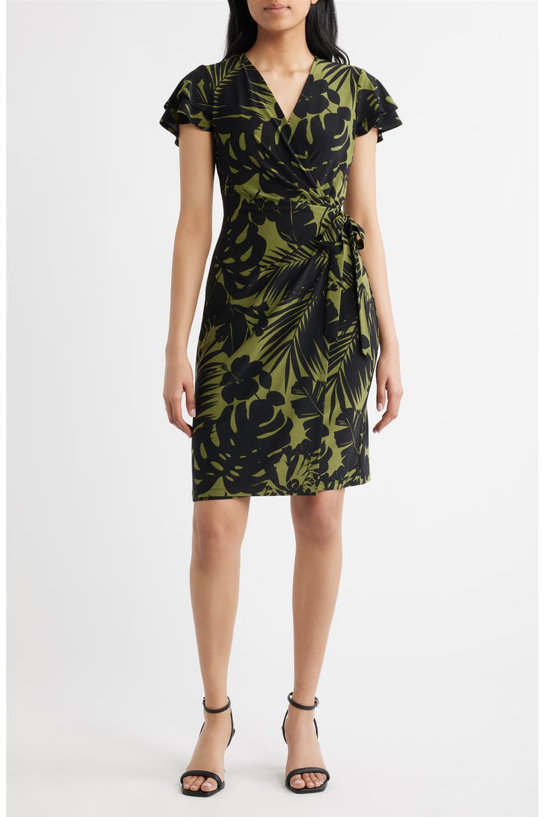 Flutter Sleeve Faux Wrap Dress, Main, color, BAY LEAF / ANNE BLACK