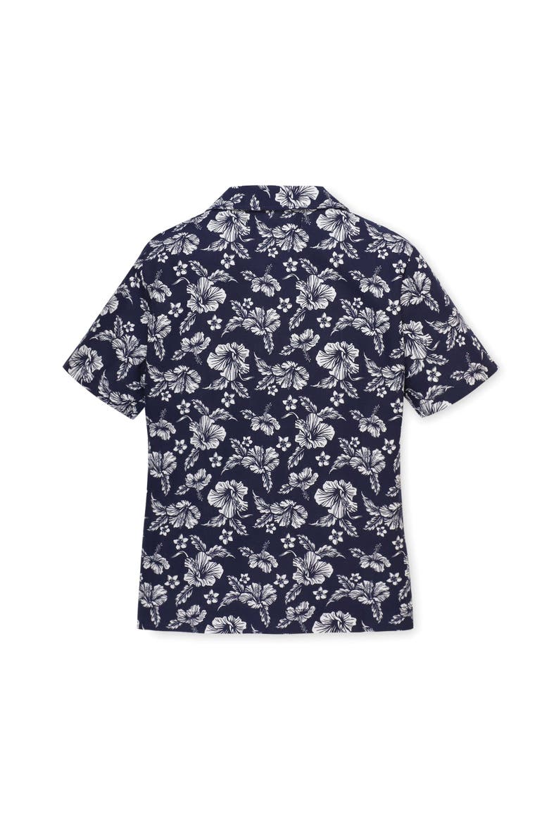 Short Sleeve Button Down Camp Shirt, Alternate, color, Navy Hibiscus Linen