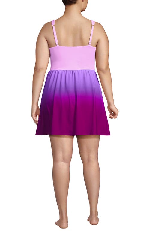 Lands' End Slendersuit V-neck Wrap Swim Dress One Piece Swimsuit Adjustable Straps In Crimson Rose/purple Ombre