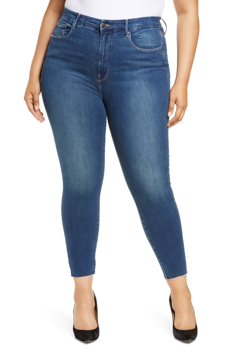 Good American Good Waist High Waist Raw Hem Ankle Skinny Jeans, Main, color, 