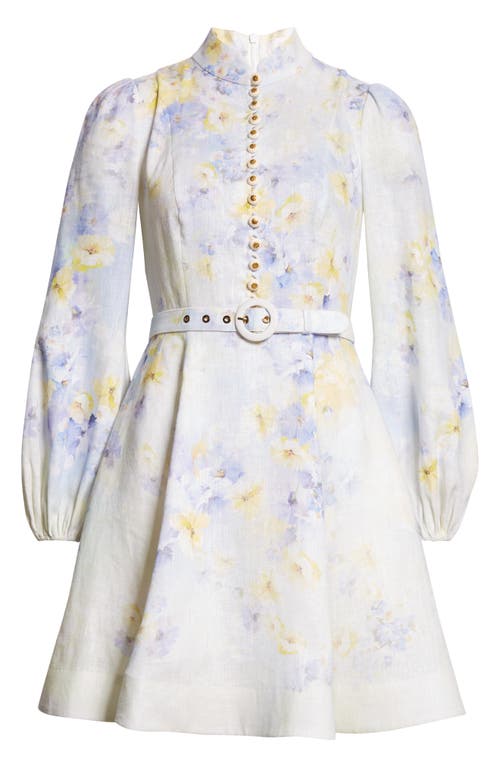 Shop Zimmermann Floral Print Belted Linen Minidress In Lilac Floral