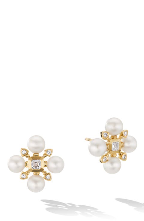 Renaissance Pearl Stud Earrings with 18K Yellow Gold and Diamonds