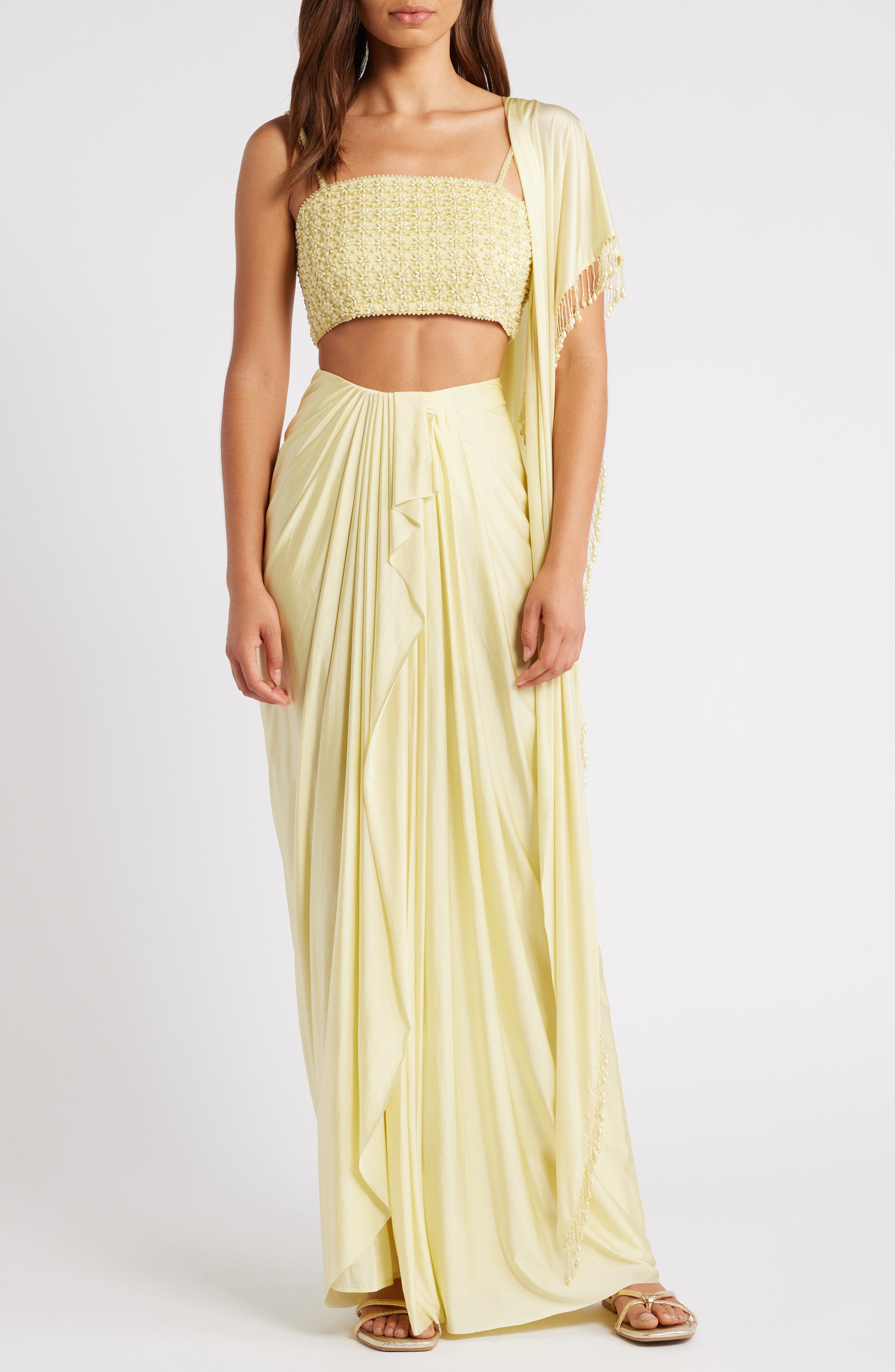 Sani Pearl Beaded Lehenga Choli with Dupatta in Yellow 