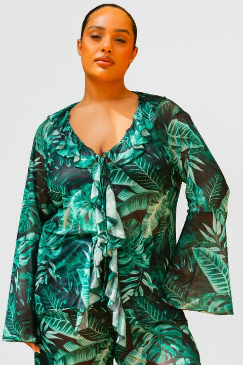 Curve Palm Print Ruffle Resort Top