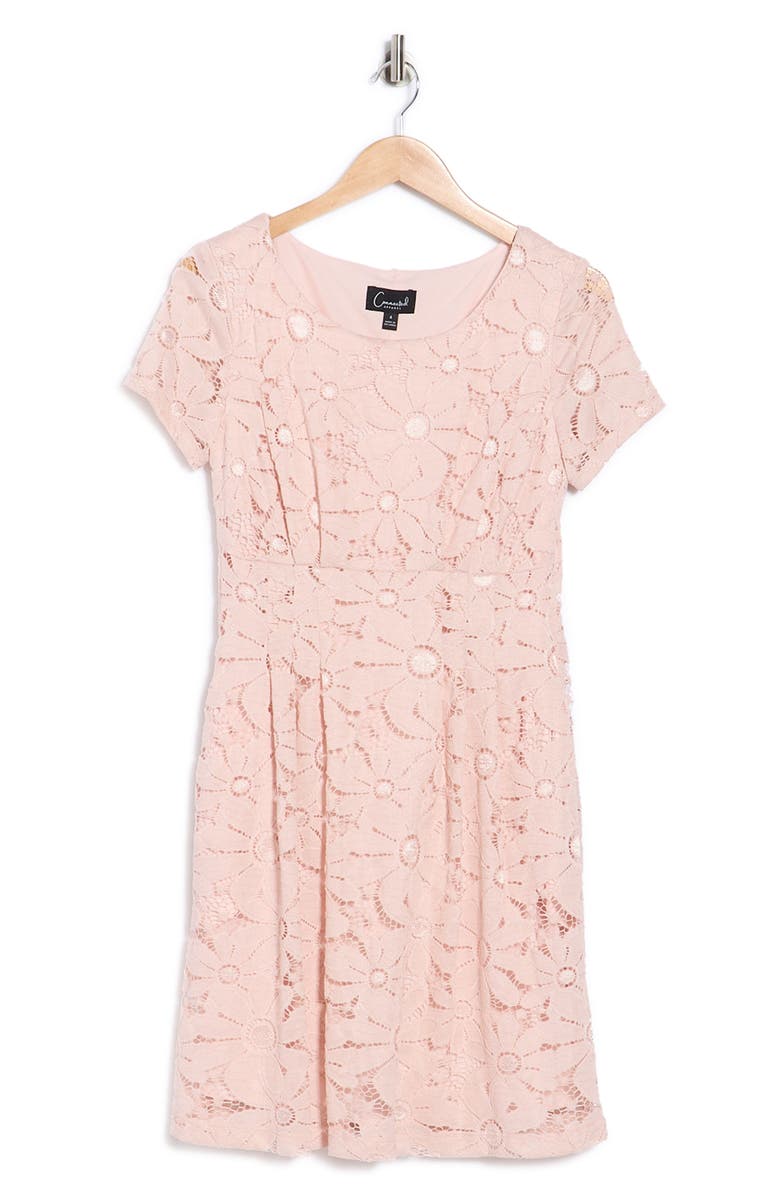Connected Apparel Floral Lace Short Sleeve Pocket A-Line Dress, Alternate, color, Dusty Rose