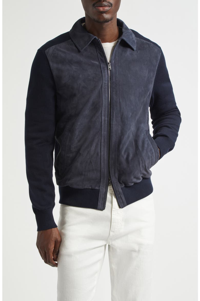 Suede & Knit Bomber Jacket, Main, color, NAVY