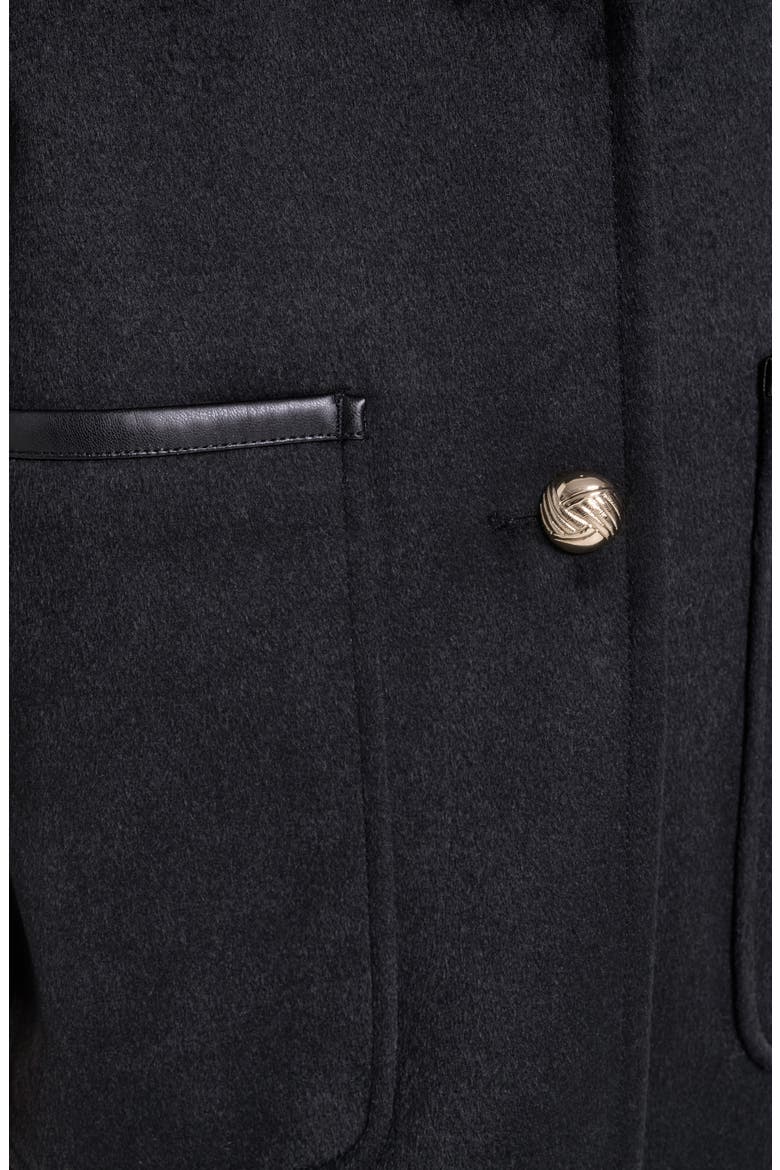 Single Breasted Coat with Faux Leather Trim, Alternate, color, BLACK