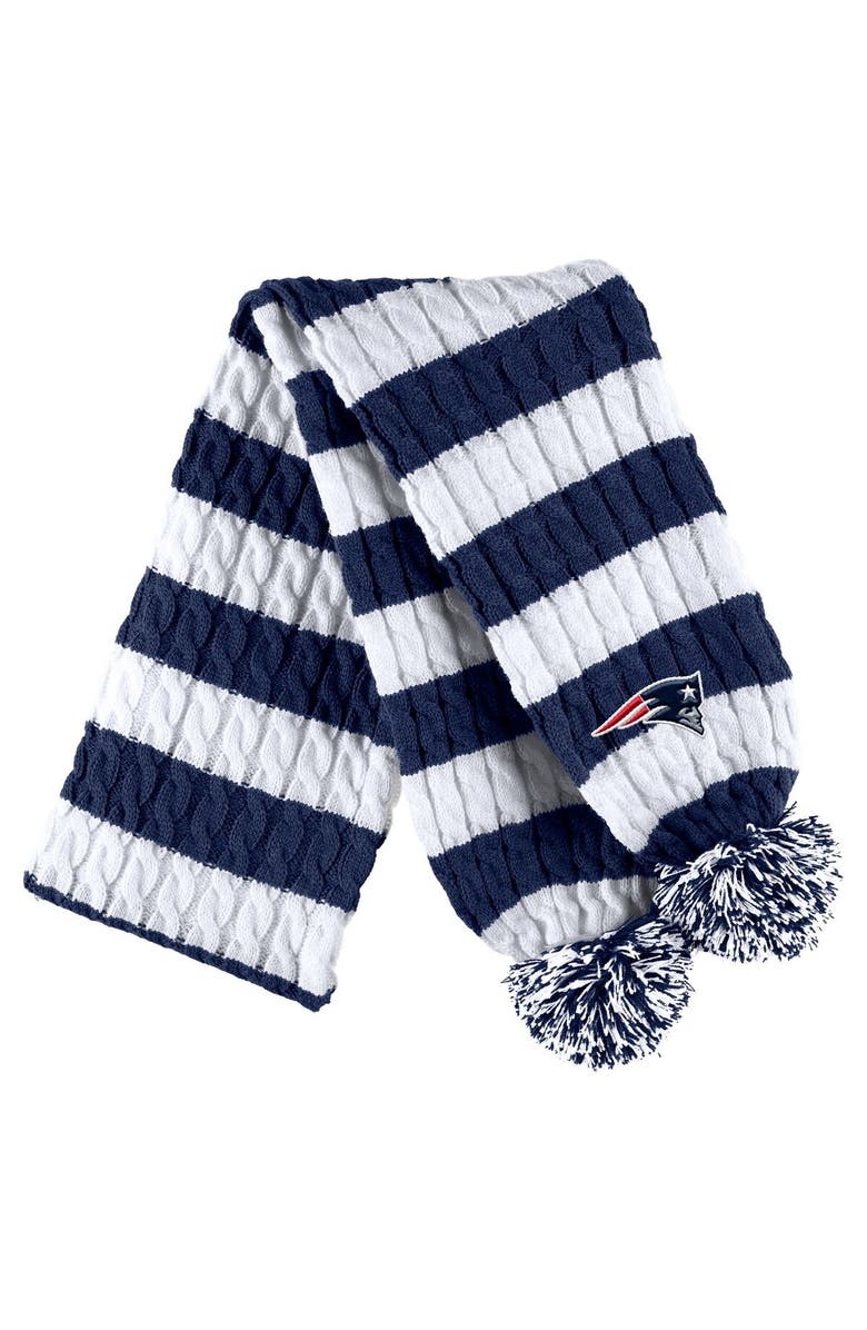 WEAR by Erin Andrews Women's WEAR by Erin Andrews  Navy/White New England Patriots Cable Stripe Cuffed Knit Hat with Pom and Scarf Set, Alternate, color, 