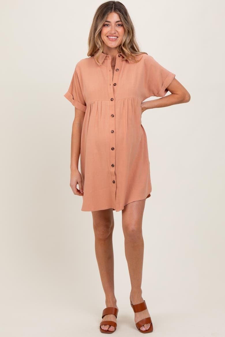 Dolman Sleeve Linen Shirt Dress, Alternate, color, Peach