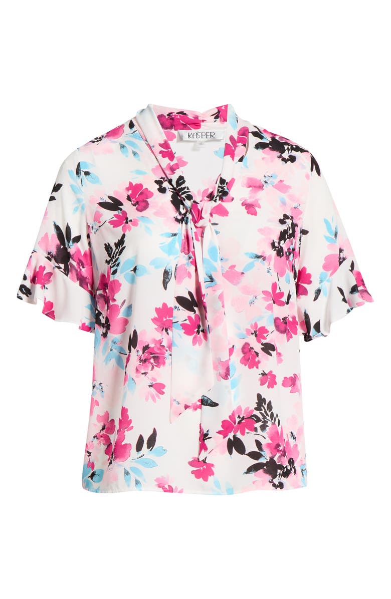 KASPER Floral Tie Neck Sleeveless Satin Top, Main, color, Lily White Multi