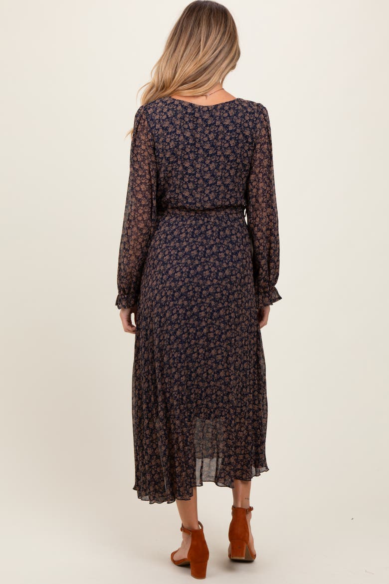 Floral Front Tie Pleated Midi Dress, Alternate, color, Navy Blue