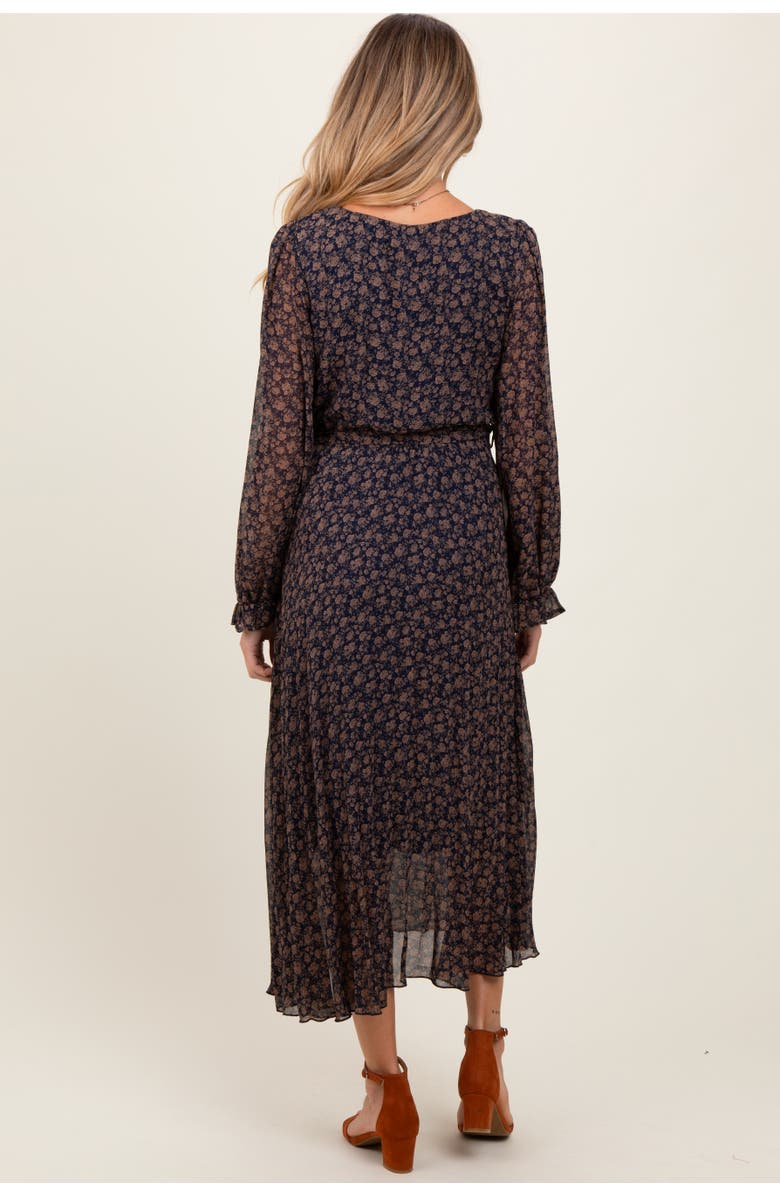 PinkBlush Floral Front Tie Pleated Midi Dress, Alternate, color, Navy Blue