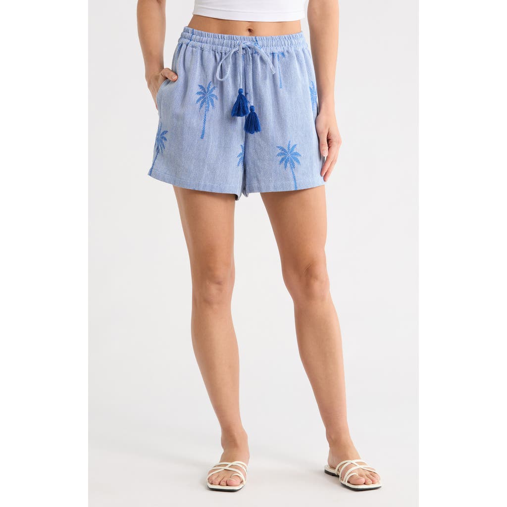 Elan Palm Drawstring Cotton Cover-up Shorts In Blue