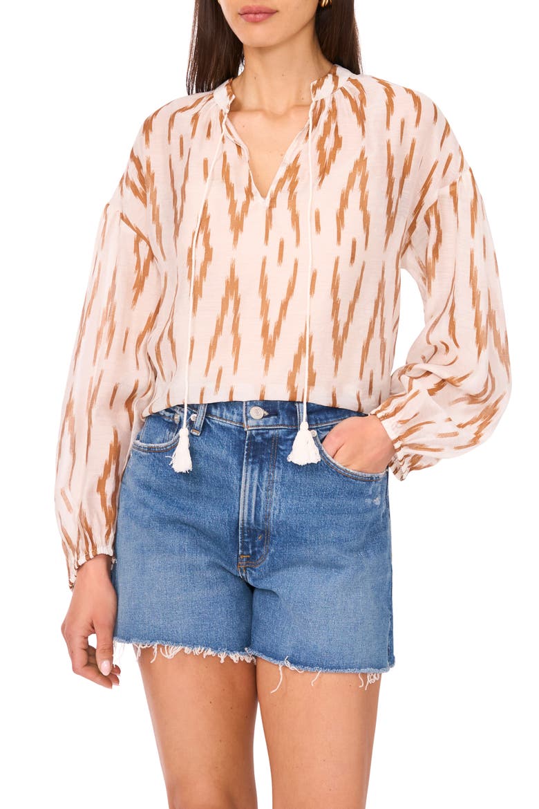 Ikat Print Split Neck Peasant Top, Main, color, ARGAN OIL