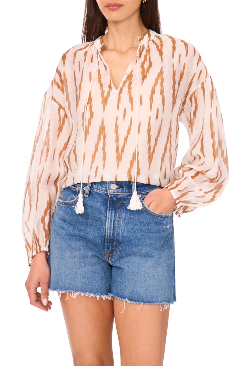 Vince Camuto Ikat Print Split Neck Peasant Top, Main, color, Argan Oil