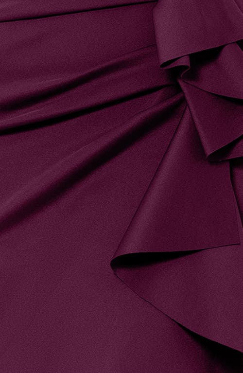 Xscape Evenings Off The Shoulder Ruffle Scuba Crepe Gown In Burgundy