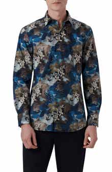 Bugatchi Julian Shaped Fit Watercolor Floral Print Stretch Cotton Button-Up Shirt