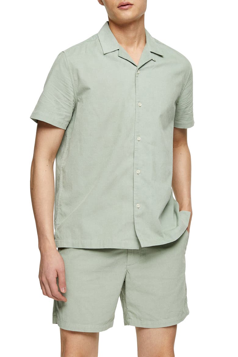 Short Sleeve Button-Up Corduroy Camp Shirt, Main, color, SAGE GREEN