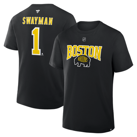 Men's Fanatics Jeremy Swayman Black Boston Bruins 2026 NHL Stadium Series Authentic Stack Name & Number T-Shirt