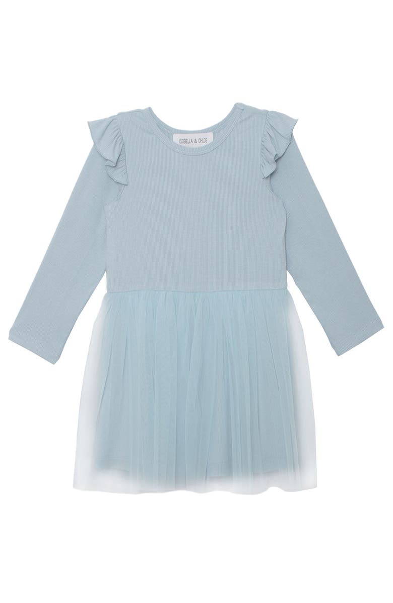 Isobella & Chloe Isobella and Chloe Tutu in the Clouds light blue long-sleeve tulle dress with ruffled shoulders for baby and toddler girls., Main, color, Blue