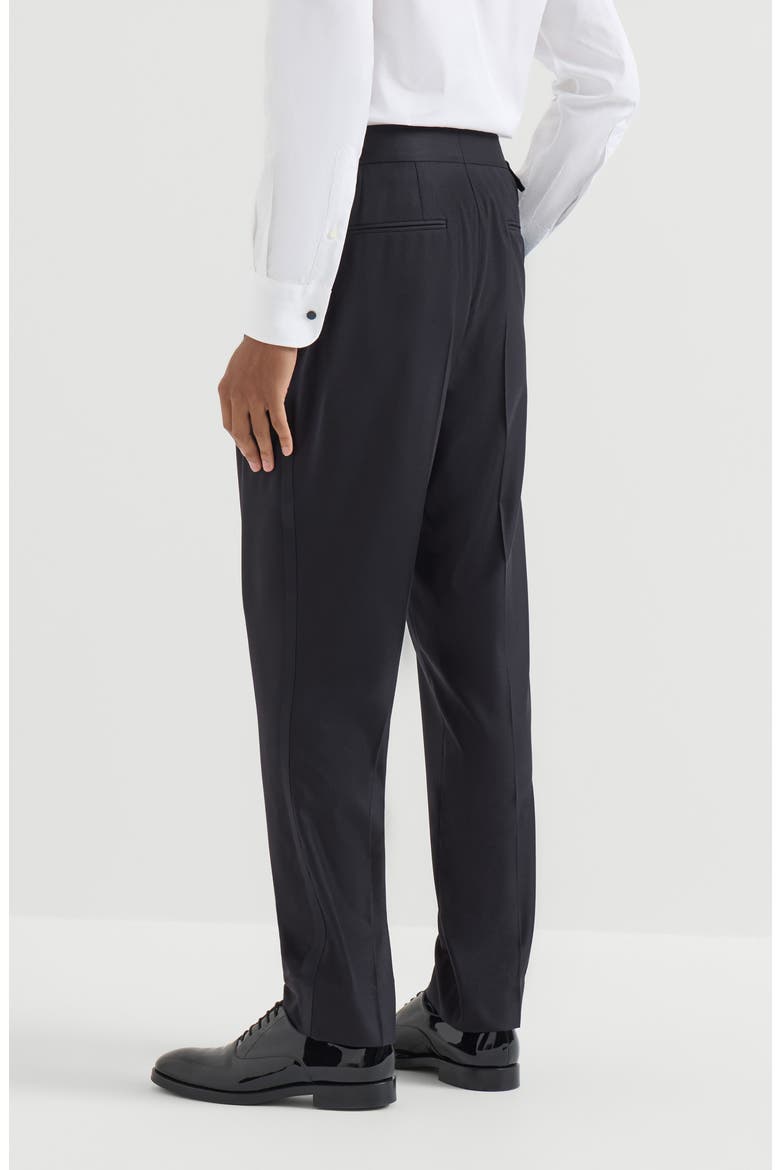 Virgin wool and silk lightweight twill tuxedo trousers with double pleats and waist tabs, Alternate, color, Navy Blue
