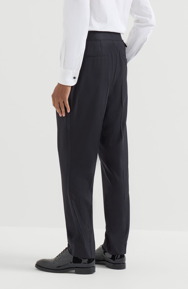 Brunello Cucinelli Virgin wool and silk lightweight twill tuxedo trousers with double pleats and waist tabs, Alternate, color, Navy Blue