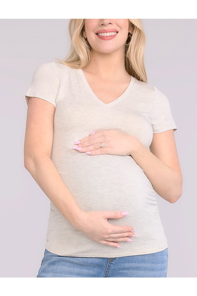 V-Neck Side-Ruched Maternity Short Sleeve Tee, Main, color, Heather Oatmeal