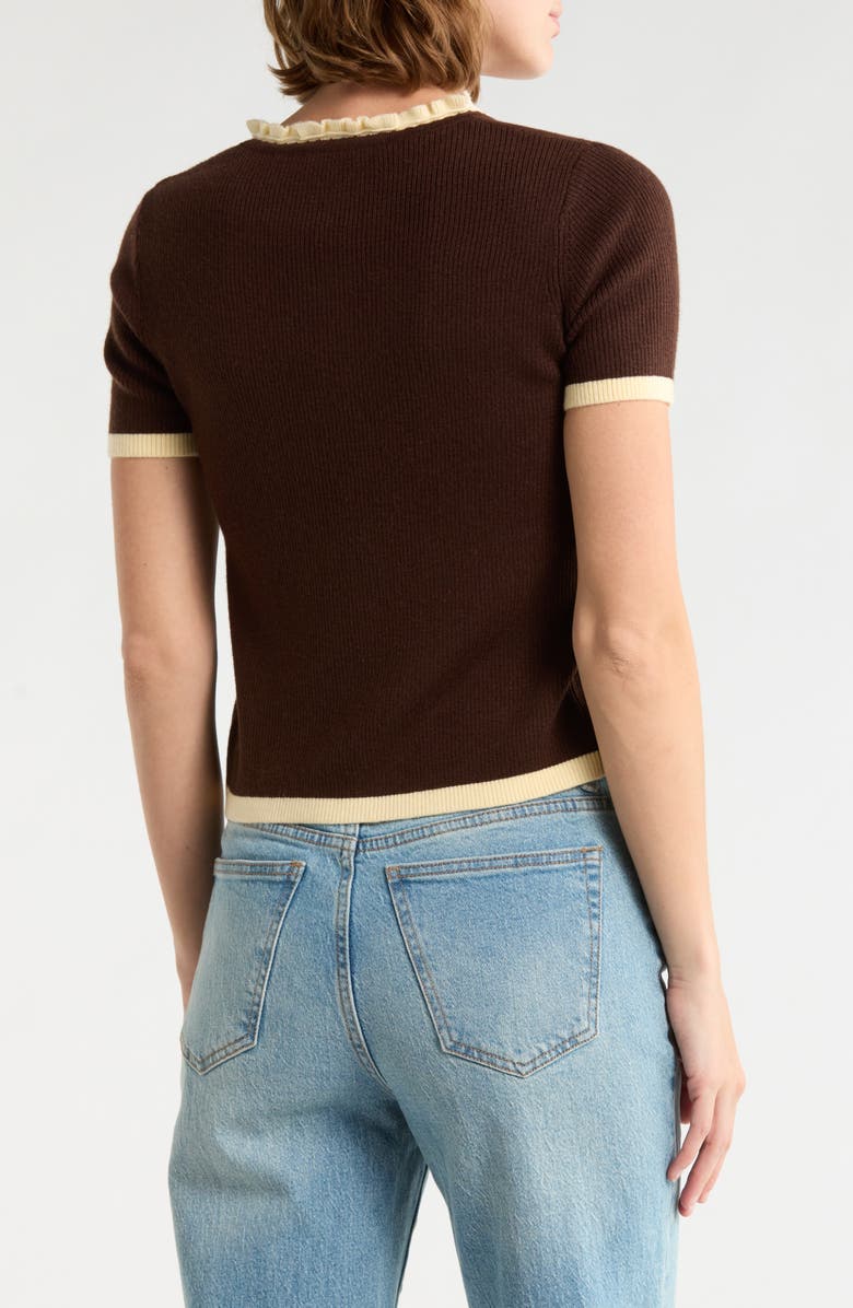 Joie Ruffle Short Sleeve Crop Cardigan, Alternate, color, Chocolate/ Sunny Glade