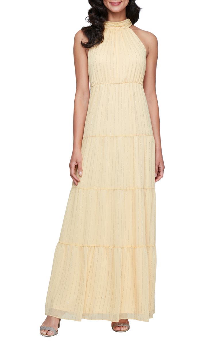 SL FASHIONS Sparkle Stripe Tiered Halter Gown, Main, color, Pale Yellow