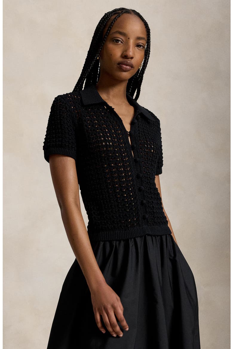 Open Stitch Bodice Mixed Media Cotton Dress, Alternate, color, POLO BLACK
