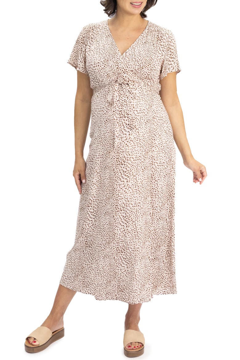 Animal Print Maternity/Nursing Wrap Dress, Main, color, BROWN