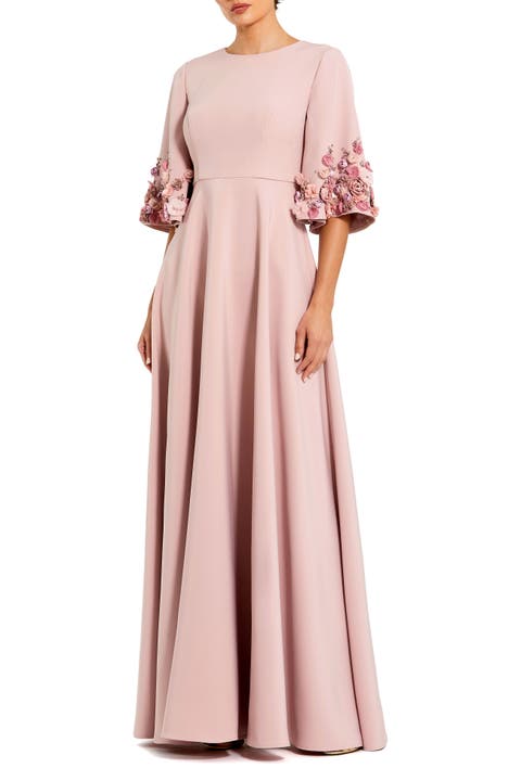 Petite Crepe 3/4 Sleeve A-line Gown With Flower Trim