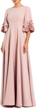 Mac Duggal Petite Crepe 3/4 Sleeve A-line Gown With Flower Trim