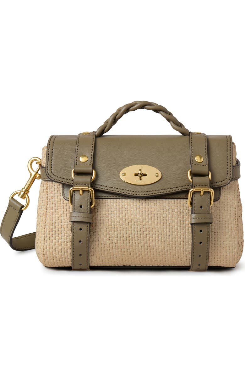 Mulberry Mini Alexa Raffia & Leather Satchel, Main, color, Linen Green/ Natural