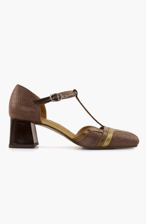 Metallic patent leather buckle pump