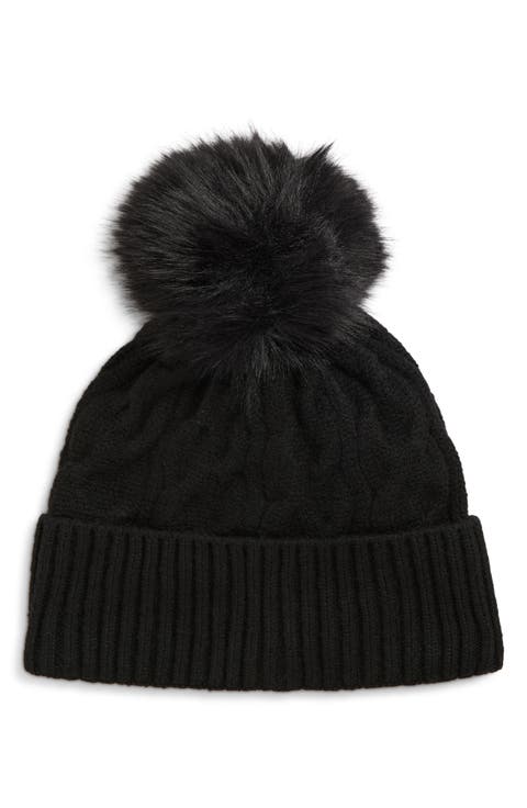 Cable Faux Fur Pom Beanie