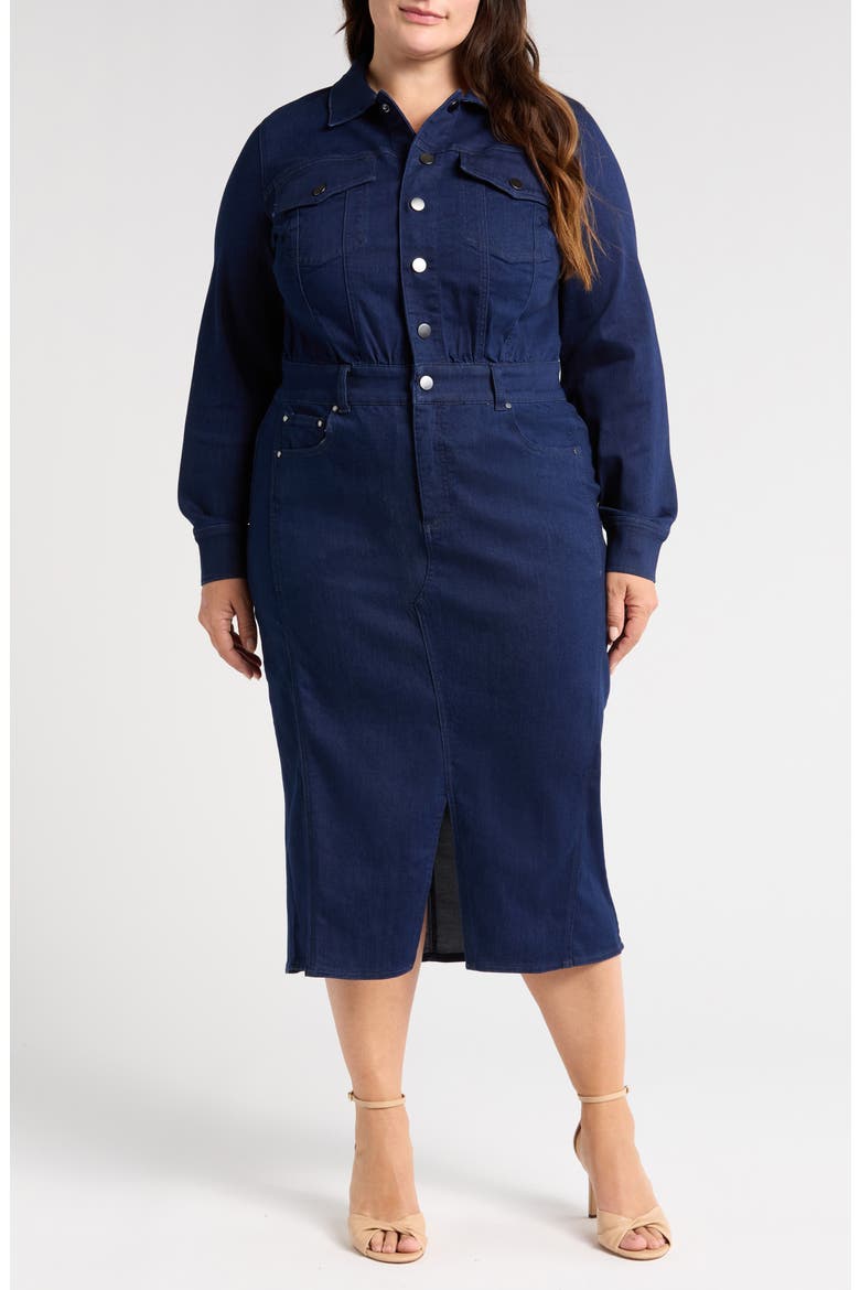 Dakota Long Sleeve Denim Midi Shirtdress, Main, color, DARK INDIGO