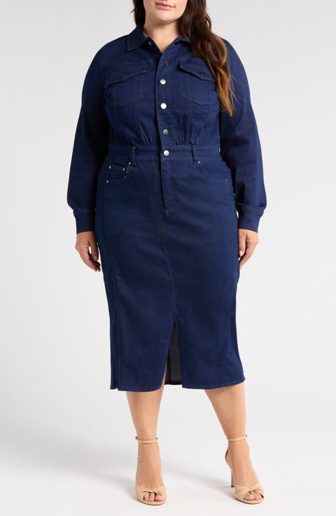 Dakota Long Sleeve Denim Midi Shirtdress (Regular & Plus)