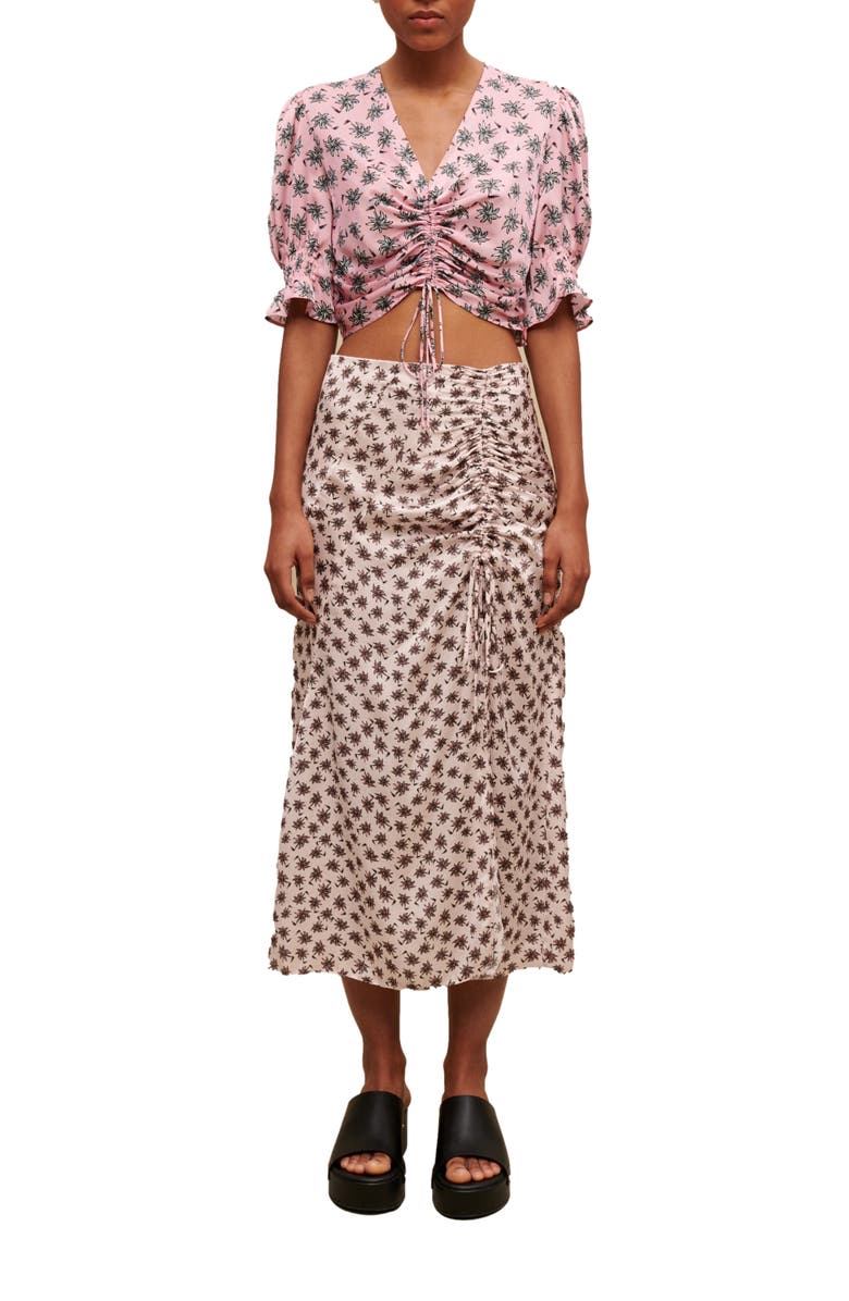 maje Lalita Ruched Tie Crop Top, Alternate, color, Imprime Palmier Rose