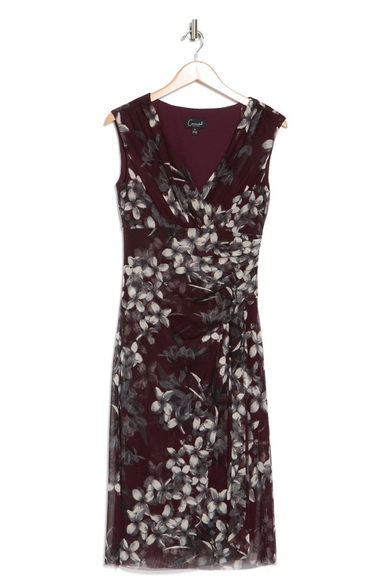 Faux Wrap Mesh Midi Dress, Alternate, color, BORDEAUX