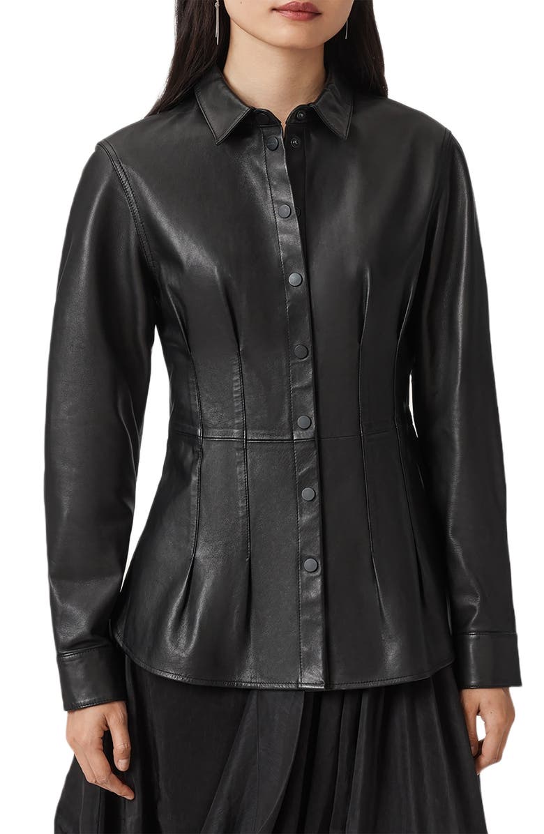 AllSaints Larson Lea Leather Jacket, Main, color, Black